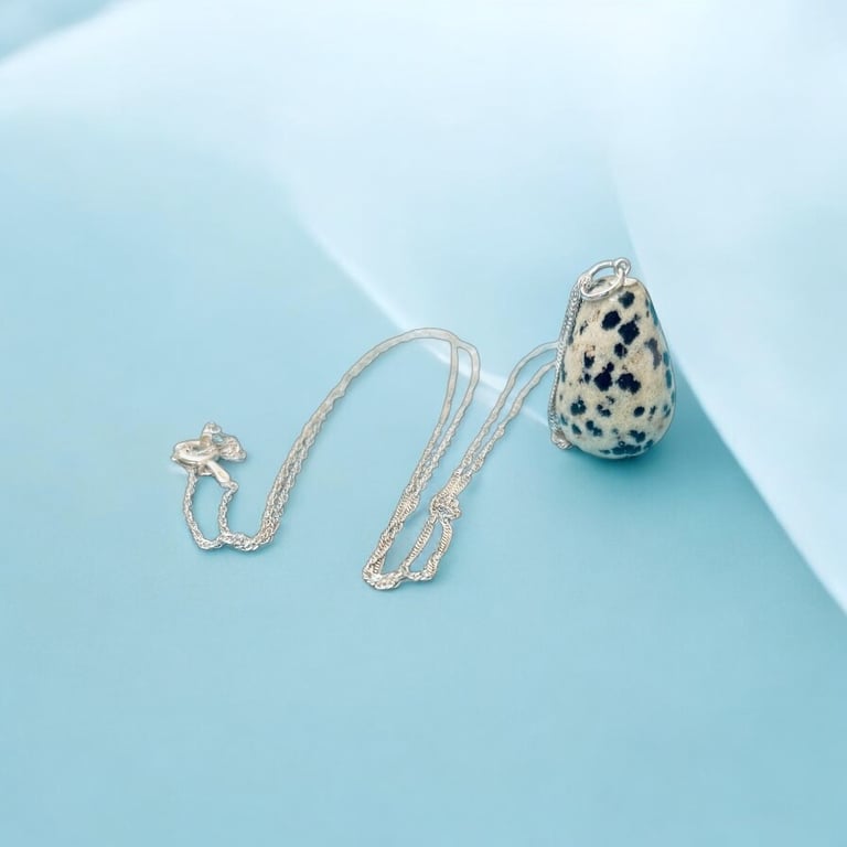 Dalmation Jasper Water Drop Stone Necklace - Sterling Silver - Gift Boxed