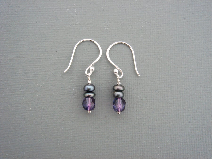 Sweet Violet Sterling Silver, Grey Freshwater Pearl and Czech Glass Earrings