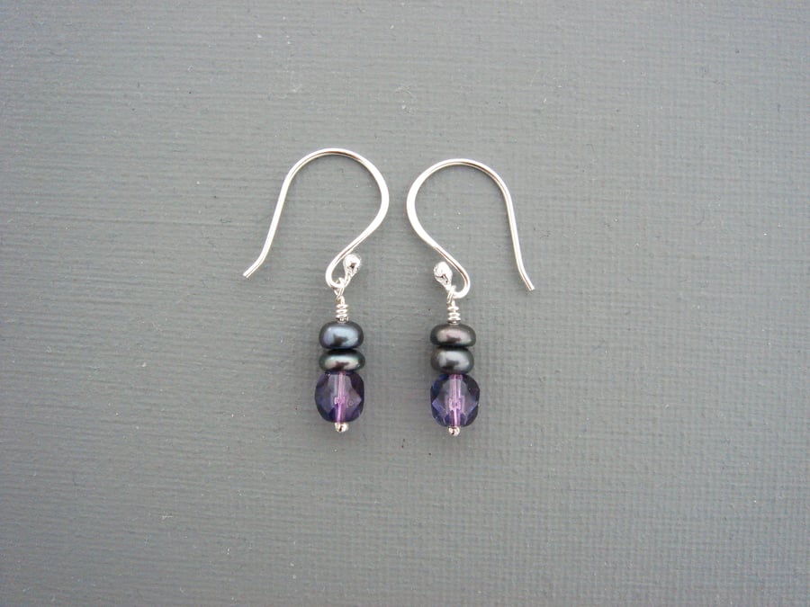 Sweet Violet Sterling Silver, Grey Freshwater Pearl and Czech Glass Earrings
