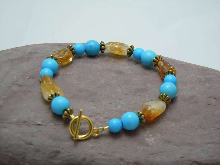 Semi-precious turquoise Magnesite & Citrine bracelet with gold plate beads