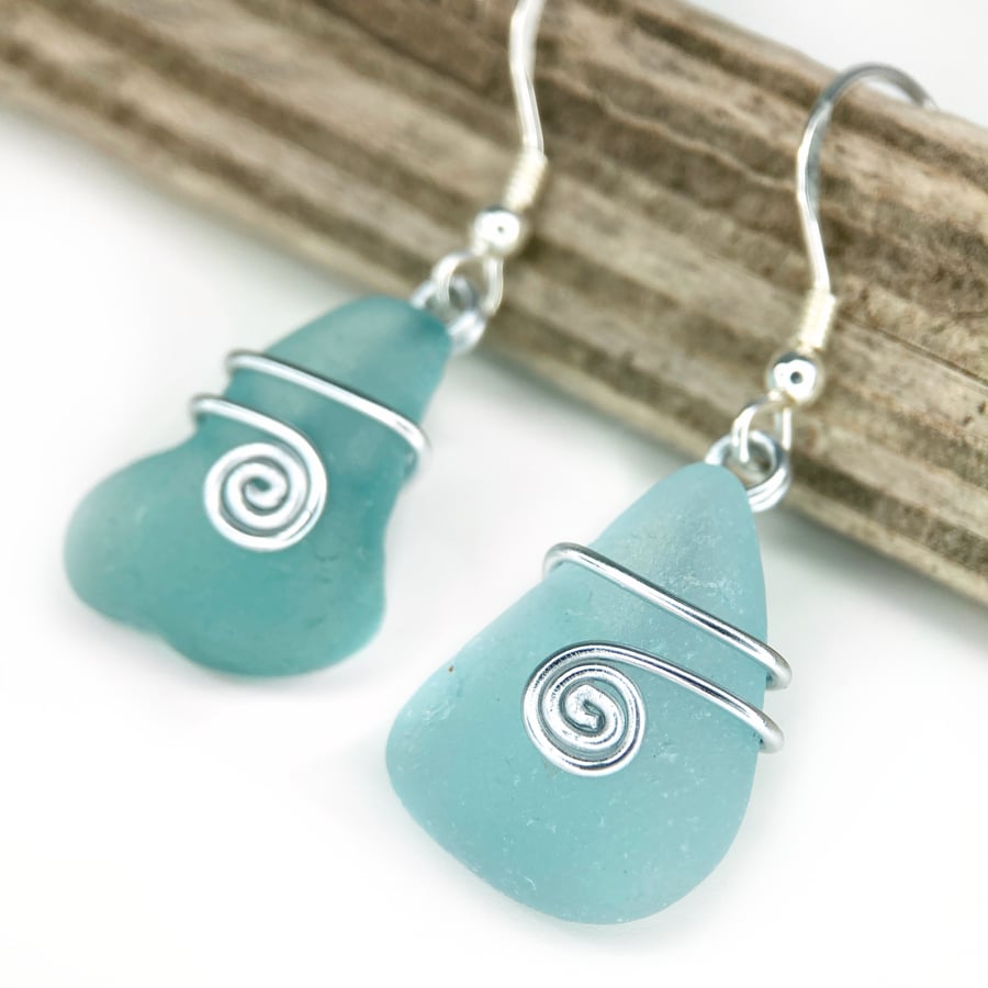 Sea Glass Earrings  - Sterling Silver Scottish Green Celtic Beach Jewellery