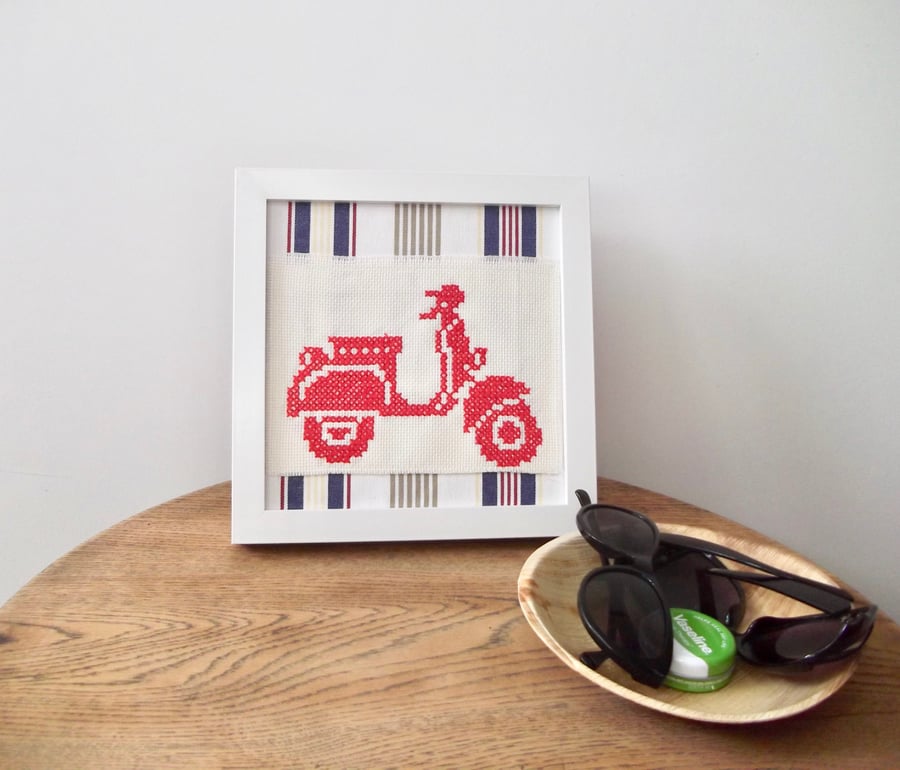 Red Scooter Framed Embroidery Picture, Framed cross stitch