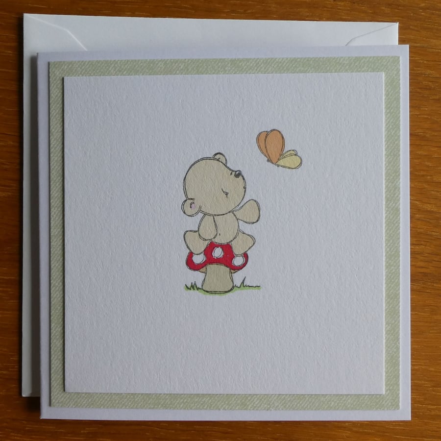 Bear on a Toadstool Blank Card - Birthday, Get Well, Thinking of You
