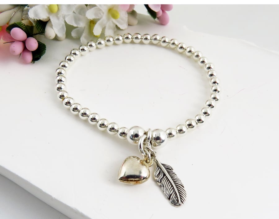 Sterling Silver Feather Heart Charm Bracelet For Women