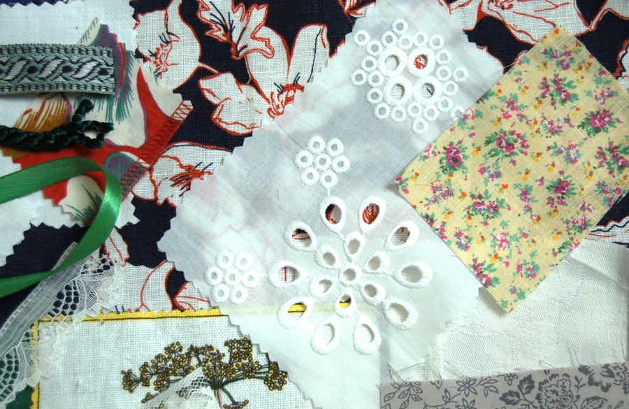 Eco slow stitching kit includes fabric, buttons, thread, needle, lace, ribbon