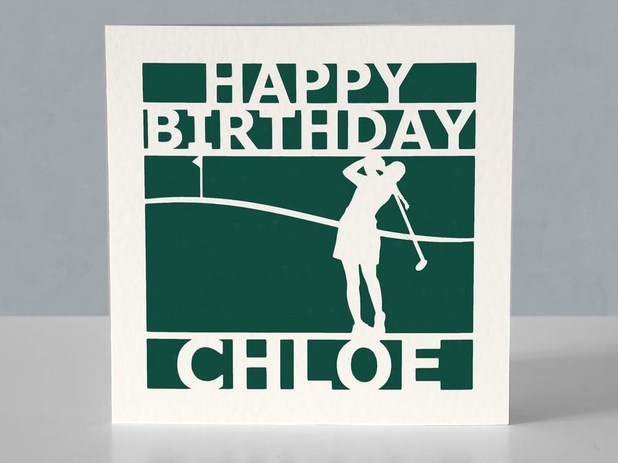 Personalised birthday card for a women's golf fan - Papercut design