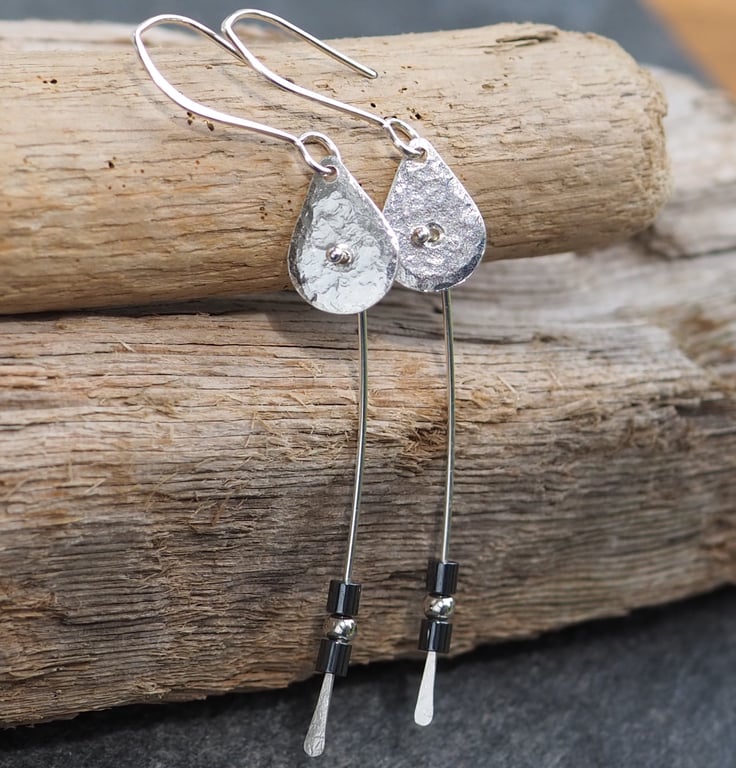 Long Dangly Tear Drop Silver Earrings with Hematite 