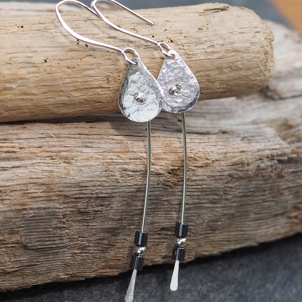 Long Dangly Tear Drop Silver Earrings with Hematite 