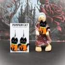 Pumpkin Cat Earrings, Spooky Halloween Jewellery,  Cute Black Cat Dangles