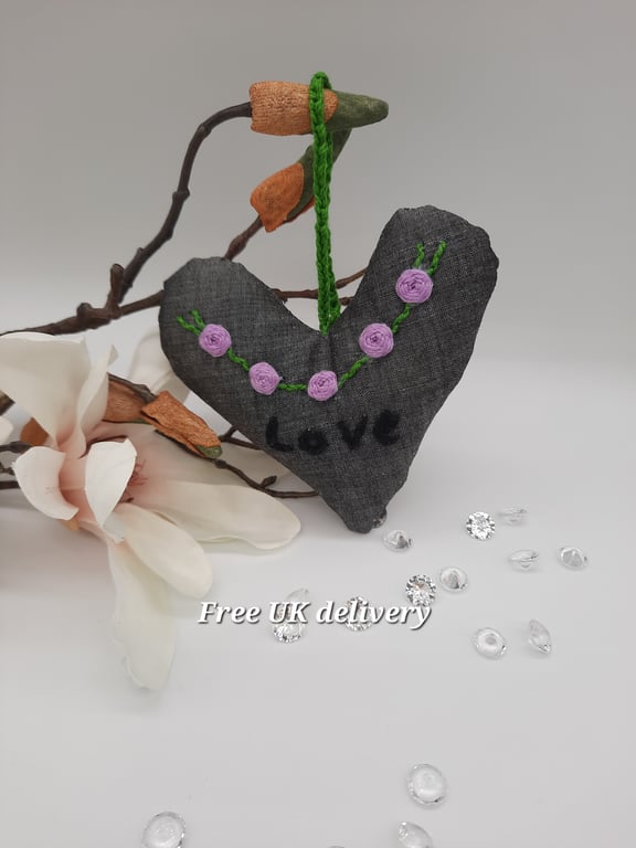 Hanging decoration,  grey love heart purple embroidered roses. 