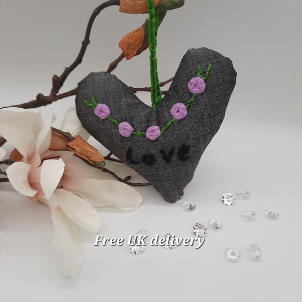 Hanging decoration,  grey love heart purple embroidered roses. 