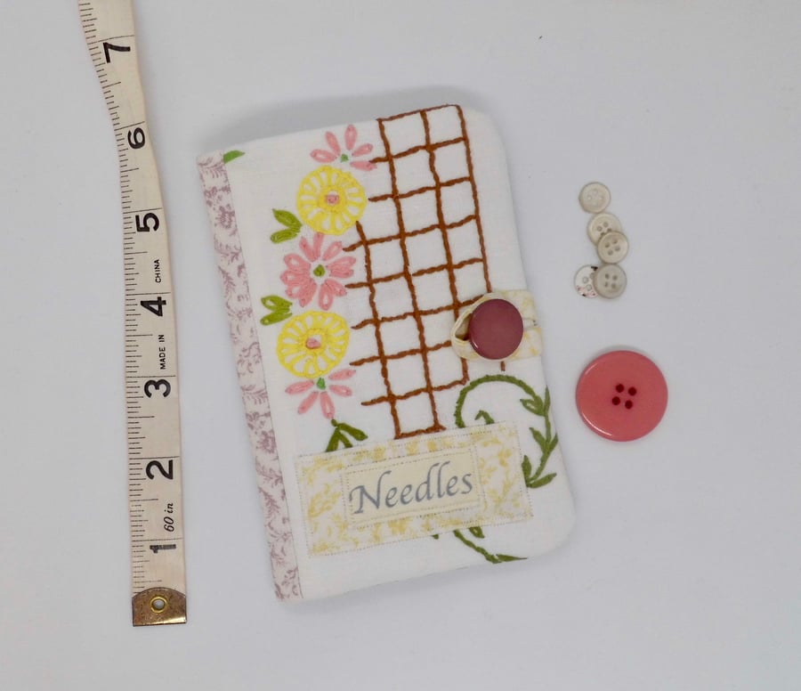 SOLD Sewing needle case in pink with reclaimed embroidery