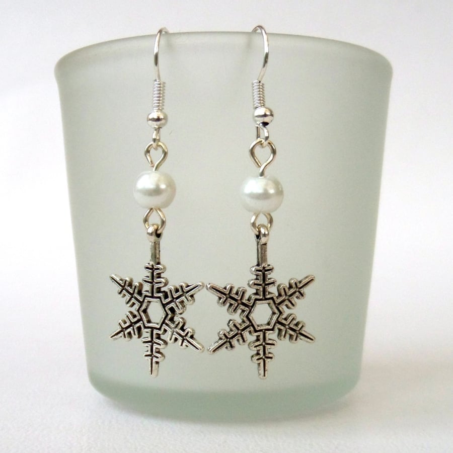 Christmas snowflake and white faux pearl bead earrings, other colours available
