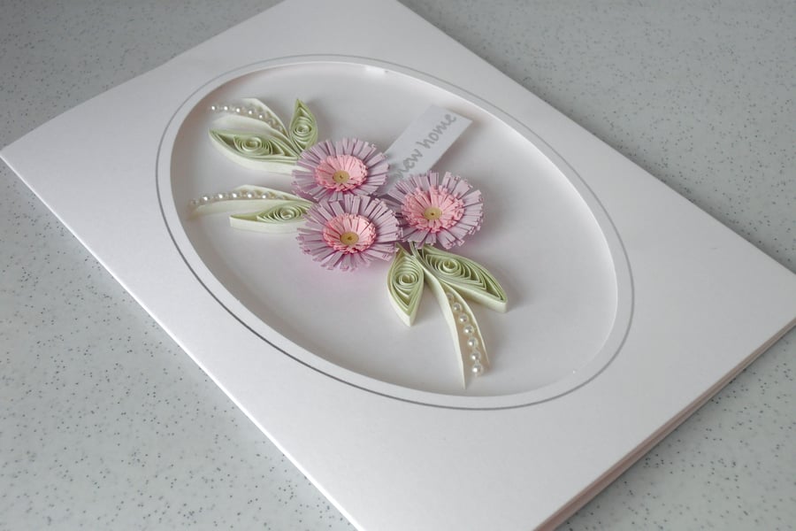Paper quilling new home card with quilled flowers