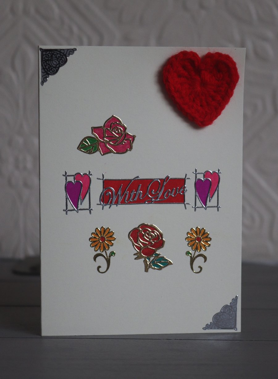 "With Love" Flower and Crochet Heart Anniversary Card