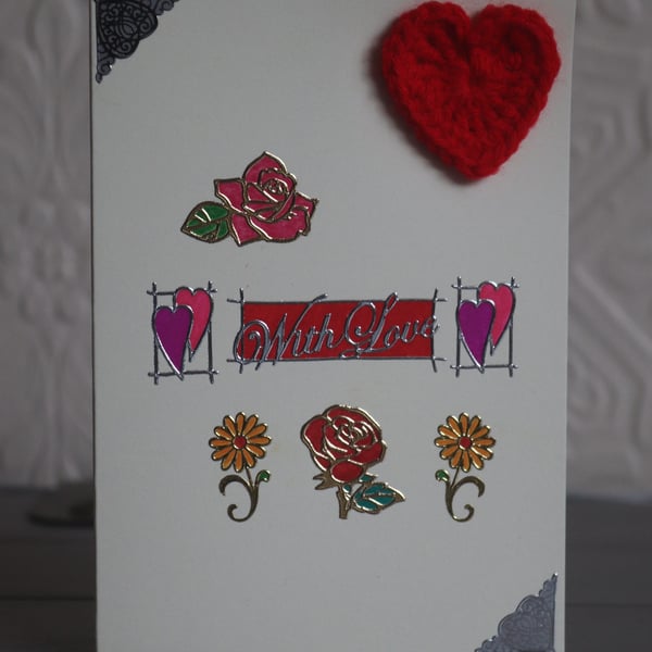 "With Love" Flower and Crochet Heart Anniversary Card