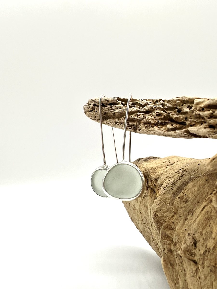 Aqua Sea Glass Open Back Bezel Drop Earrings