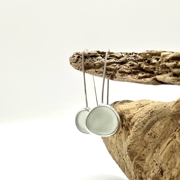 Aqua Sea Glass Open Back Bezel Drop Earrings