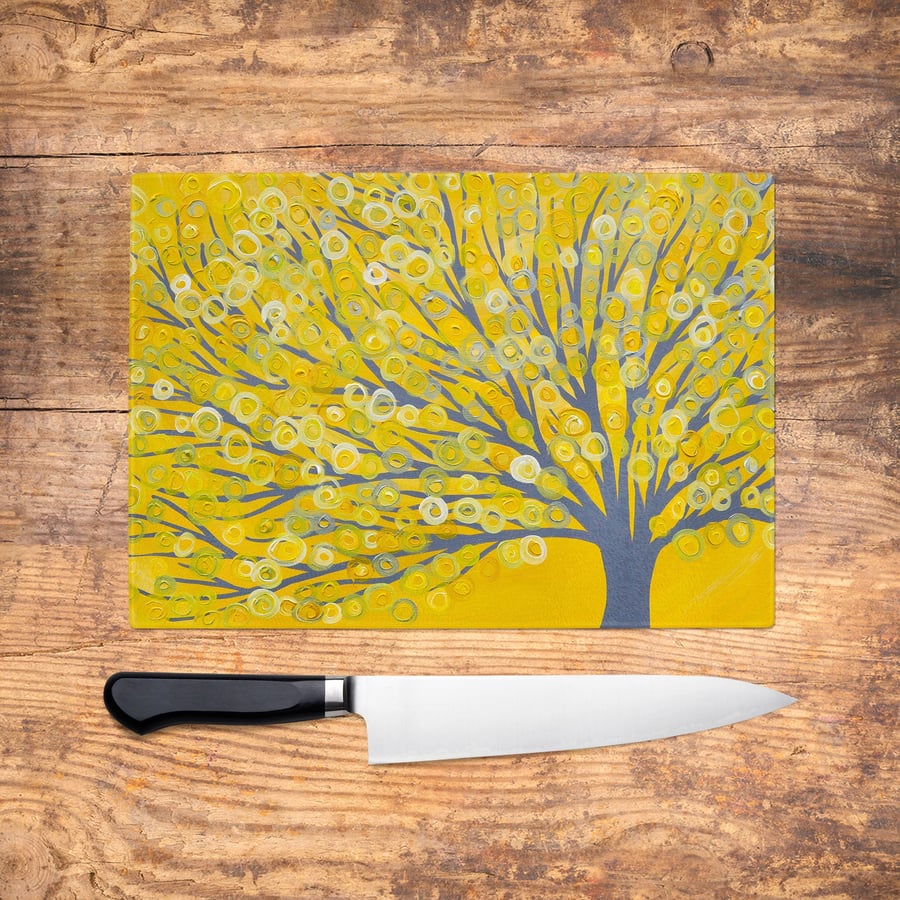 Yellow & Grey Tree Glass Chopping Board - Worktop Saver, Platter, Tray, Large Cu