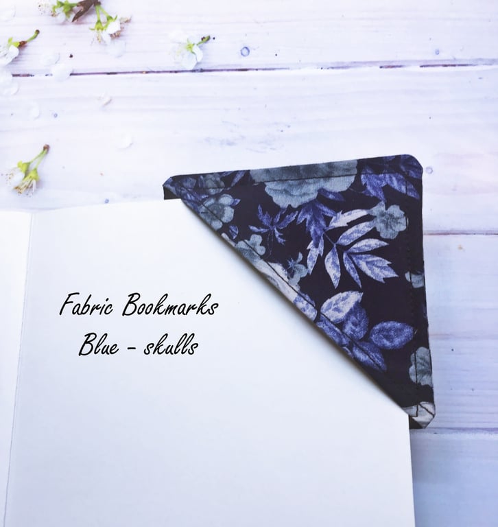 Skulls Fabric Corner Bookmark, Gothic Gift , Blue Cotton Bookmark
