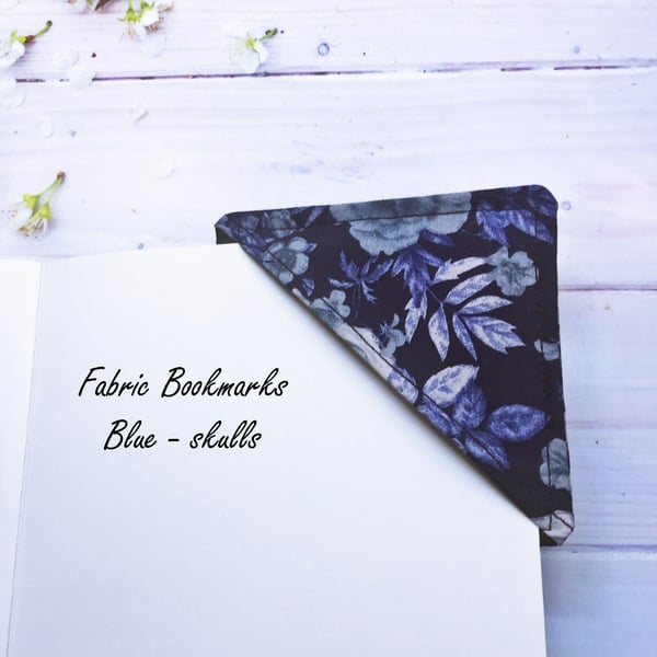 Skulls Fabric Corner Bookmark, Gothic Gift , Blue Cotton Bookmark