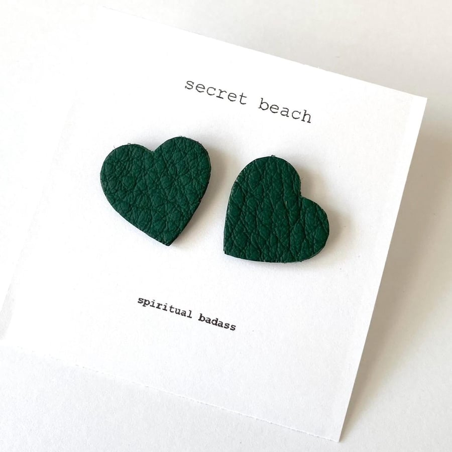 Leather Heart Stud Earrings - Dark Green
