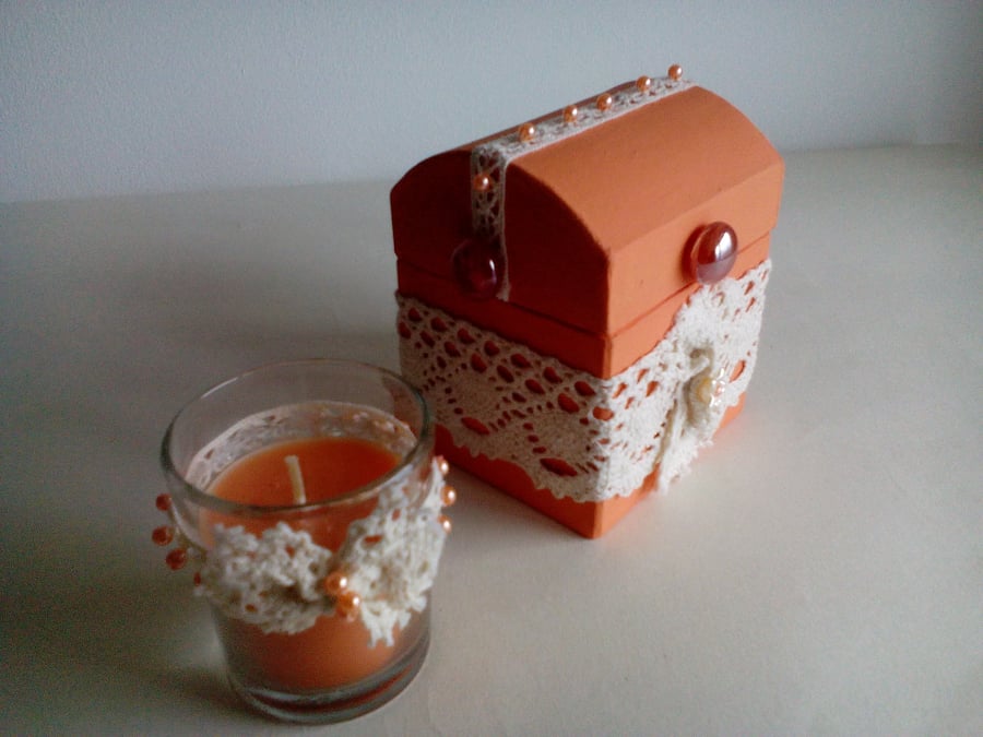 Small Cute Orange Treasure Chest and Candle with Handmade Decorations