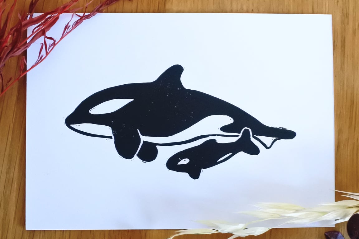 Orcas – Killer Whales - Adult and calf - Original Handmade Lino Print
