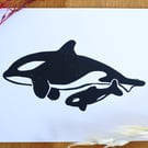 Orcas – Killer Whales - Adult and calf - Original Handmade Lino Print