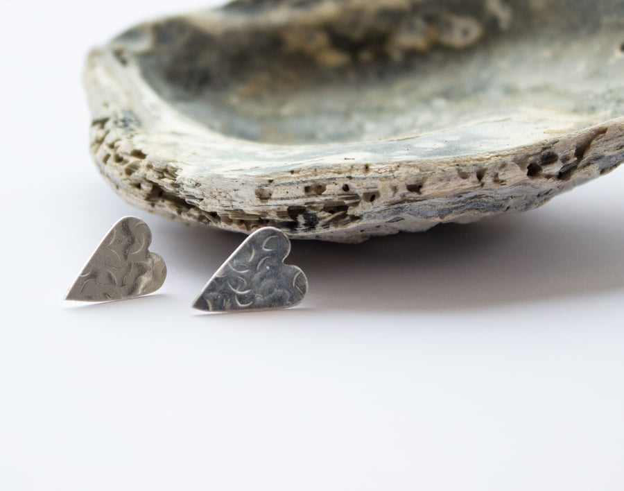 Recycled Silver Textured Heart Stud Earrings, Valentine's Day Gift, eco-friendly