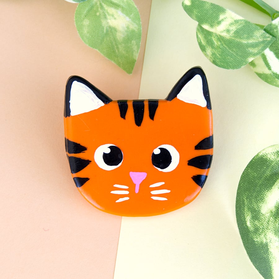 Orange and Black Tiger Painted Polymer Clay Pin Badge Brooch