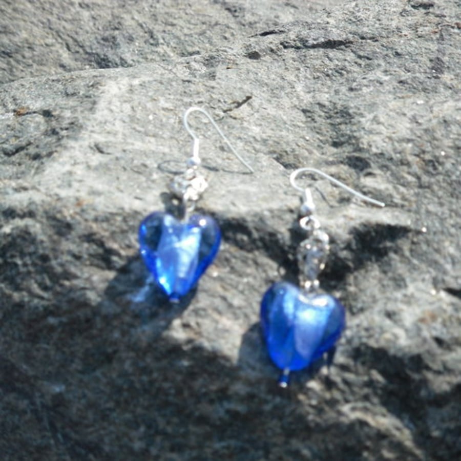 Glass Heart Earrings-Blue