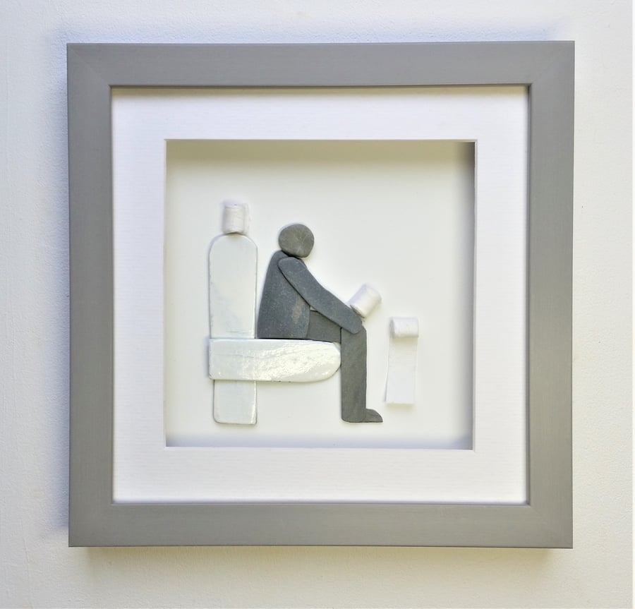 Bathroom wall Decor, Pebble Art Man on the Loo, Gifts for Him, Made in Cornwall