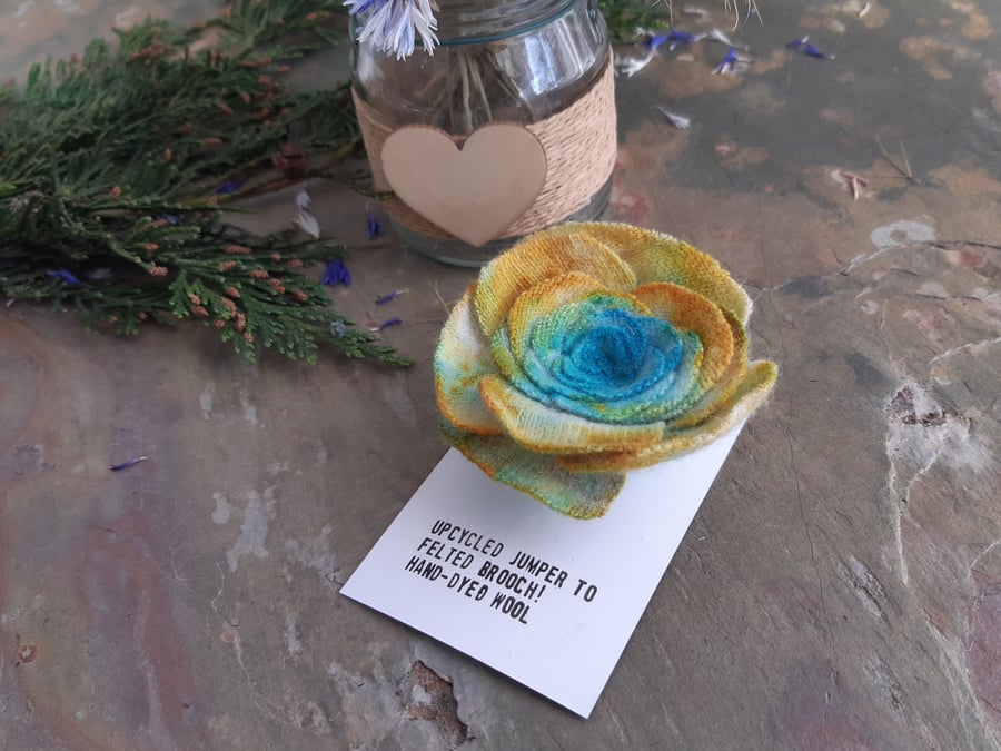 Hand dyed felted brooch, in shape of a rose or flower - yellow blue