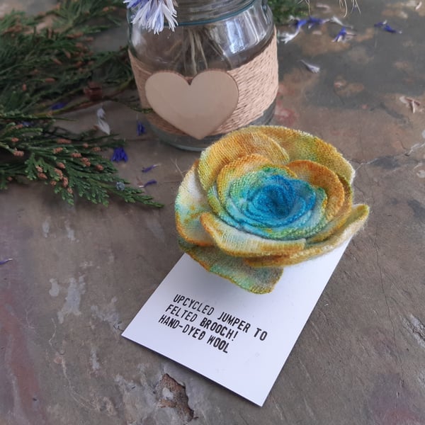 Hand dyed felted brooch, in shape of a rose or flower - yellow blue