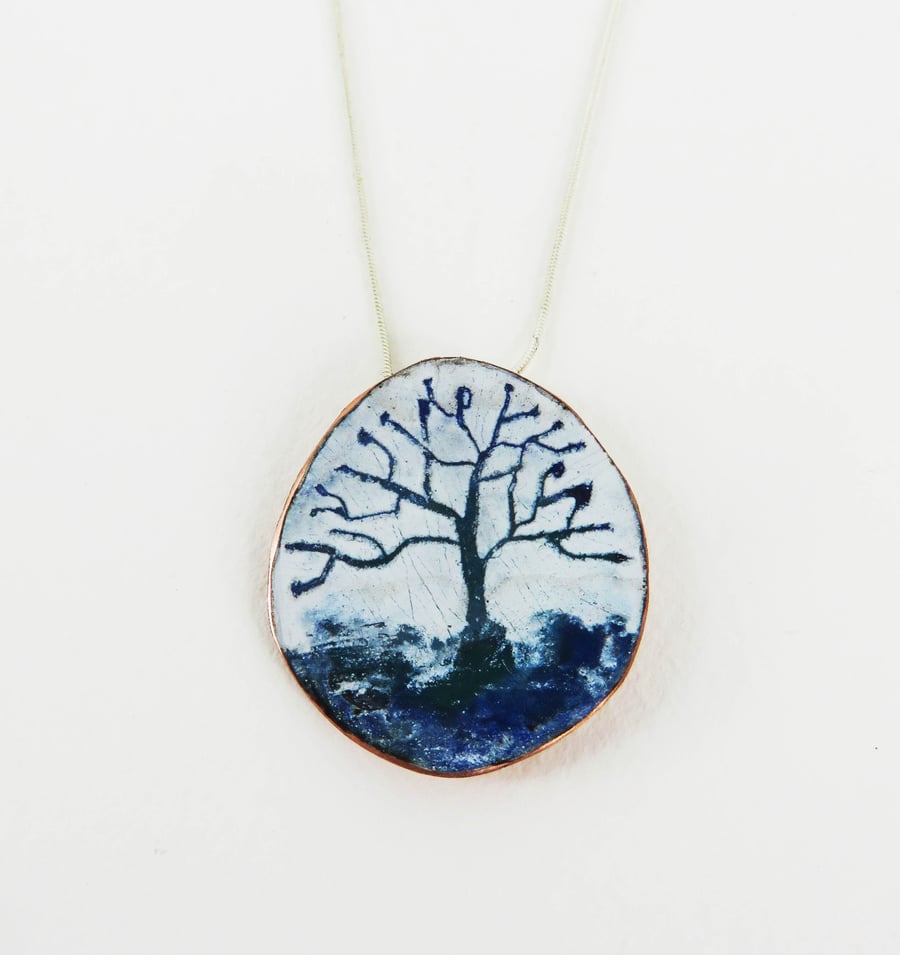 Enamel and Copper Blue and Green Tree Pendant.