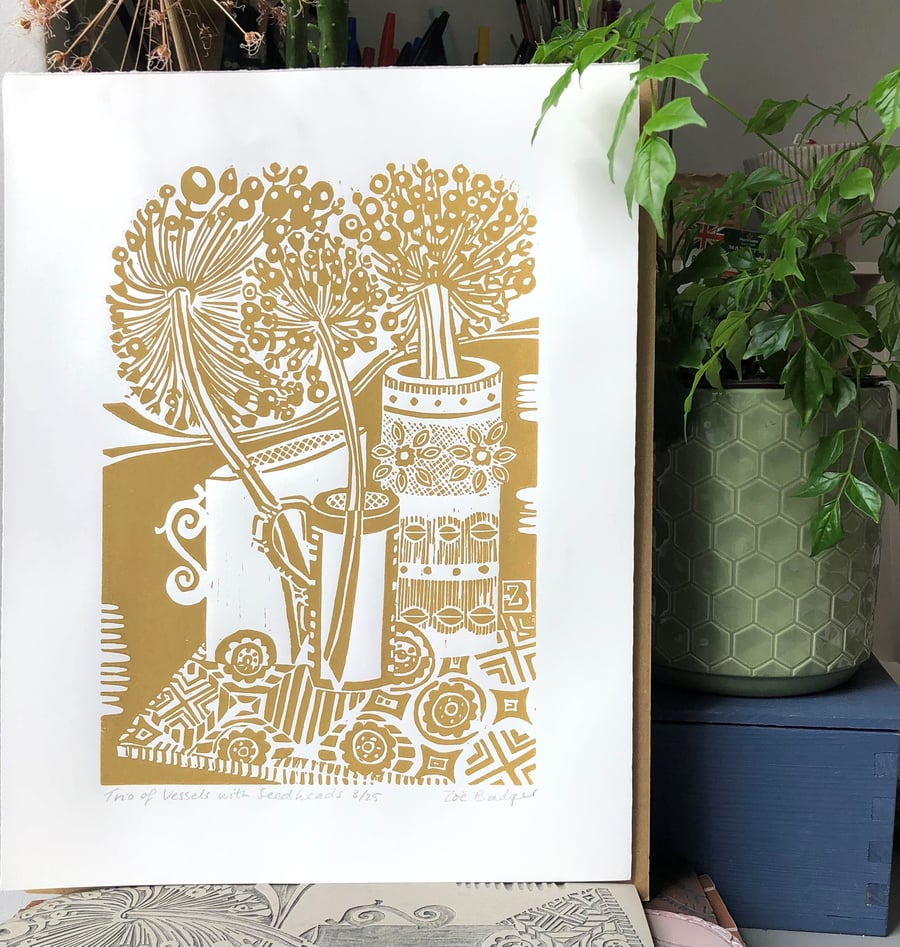Trio of Vessels with Seedheads Linoprint