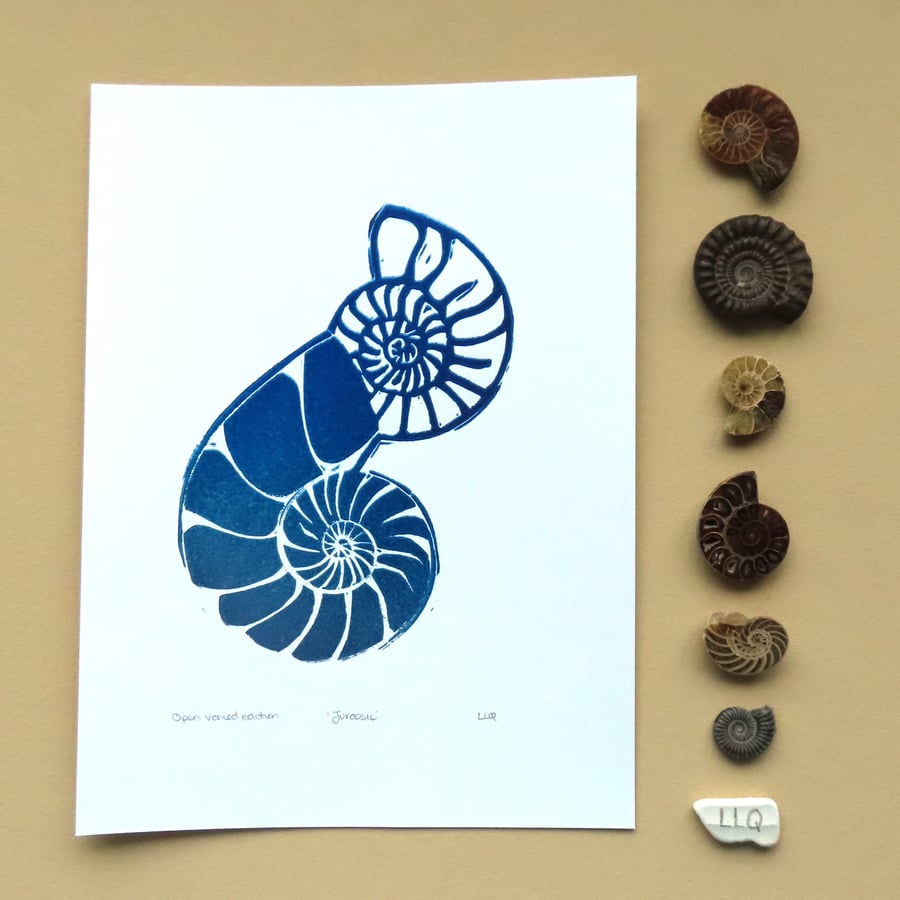 Jurassic ammonites original lino print fossil lovers art