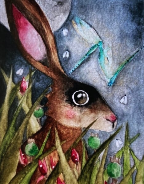 Mounted Print from my Original Hare Rabbit and Dragonflies in Moonlight Painting