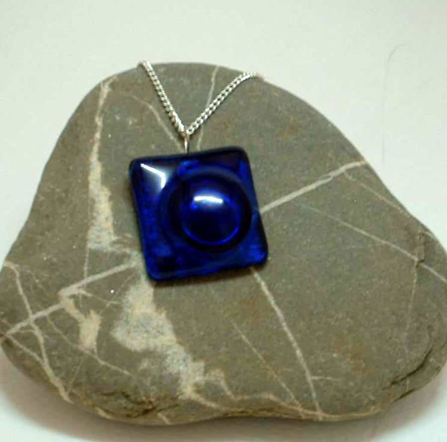 Handmade kilnformed glass pendant in blue with silver plated chain 