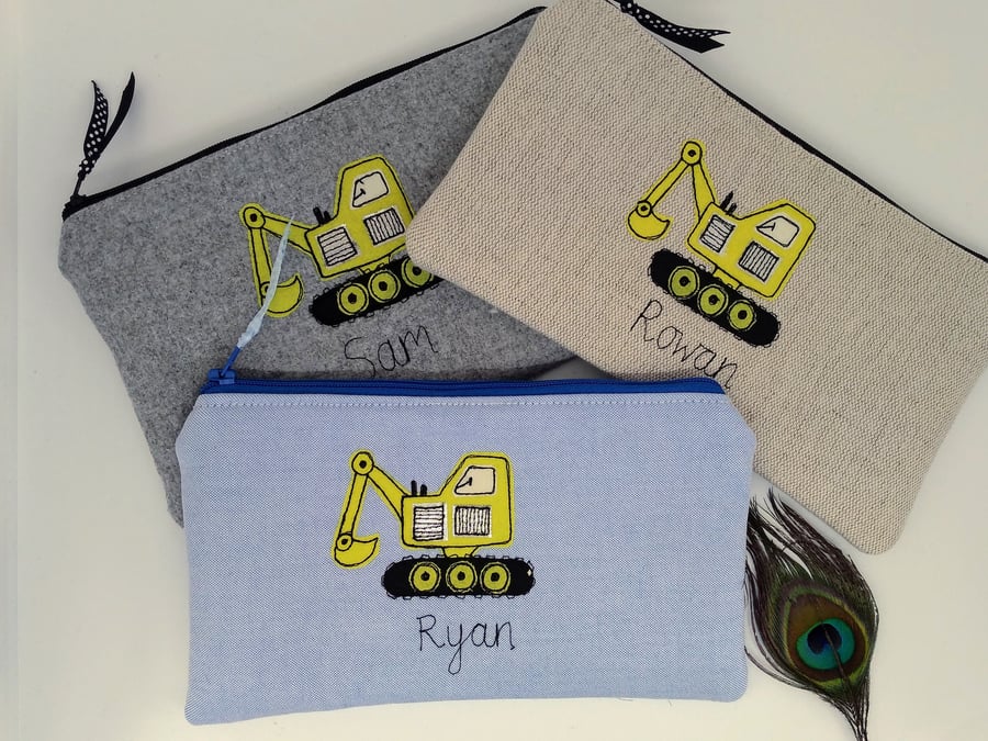 Personalised Digger Truck Pencil Case - Blue Grey or Linen Fabric Pen Pouch