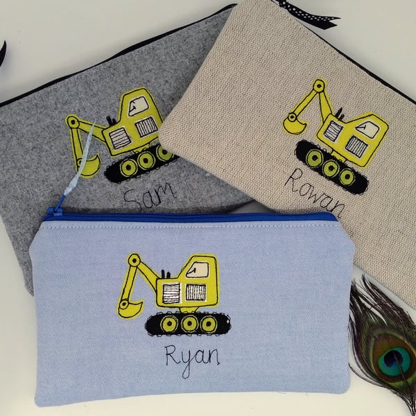 Personalised Digger Truck Pencil Case - Blue Grey or Linen Fabric Pen Pouch