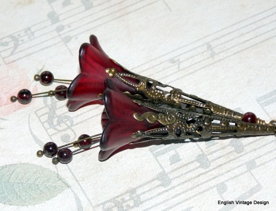 Cranberry Red Hand Painted Lucite Flower Earrings, Floral Boho Long Dangle Vinta