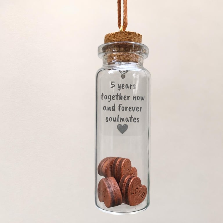 Personalised 5th Wood Anniversary Hearts Message Bottle Keepsake