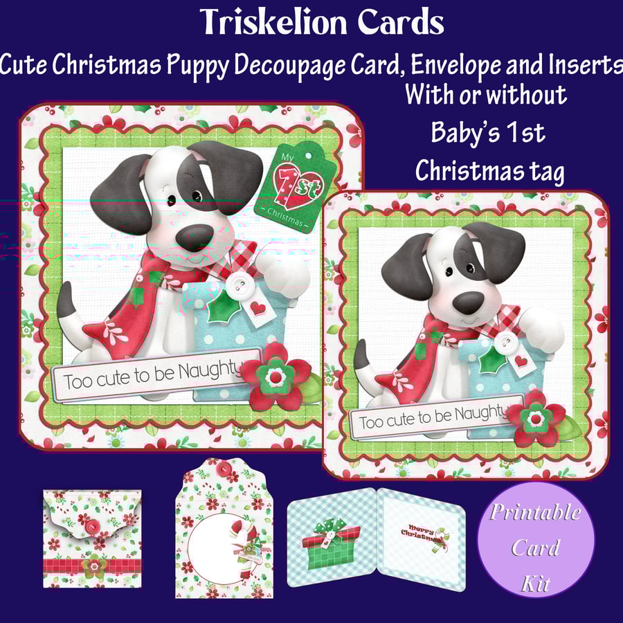 Cute Christmas Puppy 3D Decoupage Card Making Kit PRINTABLE Baby's 1st 