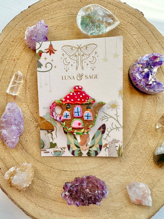 Teapot Polymer Clay Badge, Cottagecore badge, flower teapot, whimsical pin badge
