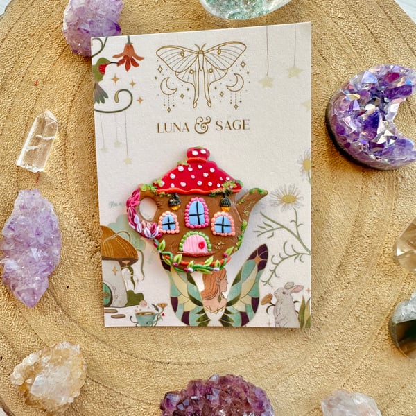 Teapot Polymer Clay Badge, Cottagecore badge, flower teapot, whimsical pin badge