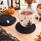 Handmade Crochet Cotton Single Coaster, Black Boho Table Mat, Housewarming Gift