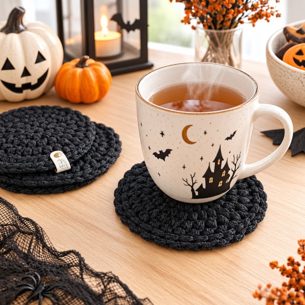 Handmade Crochet Cotton Single Coaster, Black Boho Table Mat, Housewarming Gift