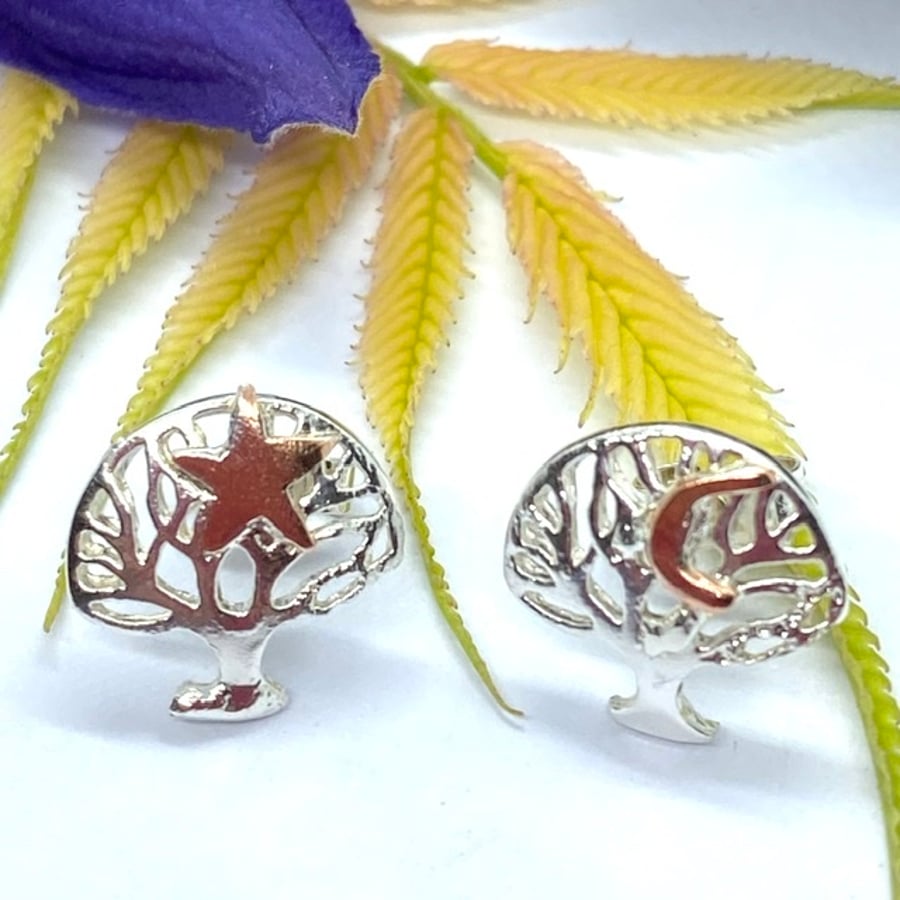 Moon Star Tree of Life Earrings, Silver, Copper.